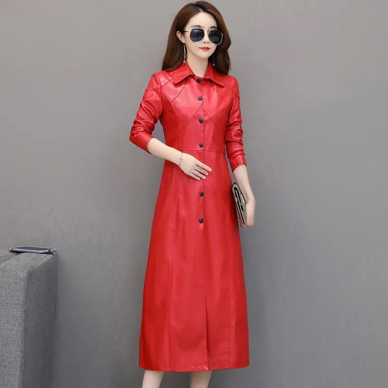 Winter Women's Leather Jacket Fashion Slim Long Section Over-the-knee Leather Jacket Thicken Warm Large Size Leather Jacket