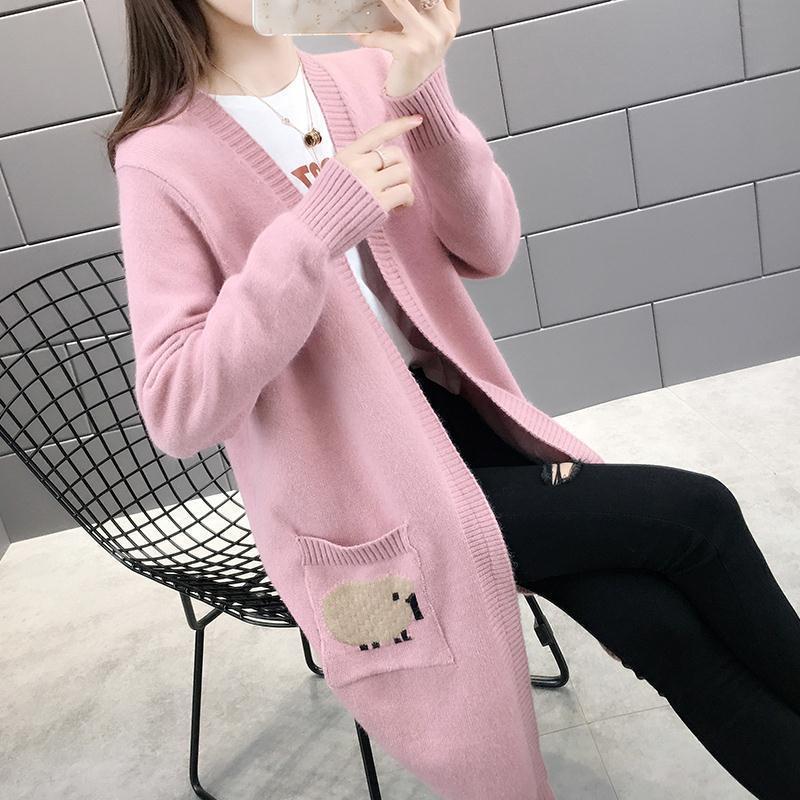 Fashion Coat Autumn and Winter Mid-length Pocket Sweater Solid Color Long-sleeved Loose Cardigan