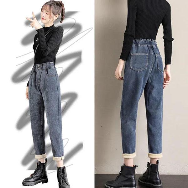 Women's Winter Plush Thickened High Waist Jeans Female Loose Casual Elastic Waist Long Denim Pants