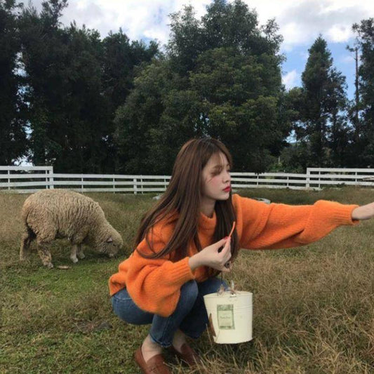 Pofulove Orange sweater women loose lazy wind hedging sweet candy-colored sweater students thickened