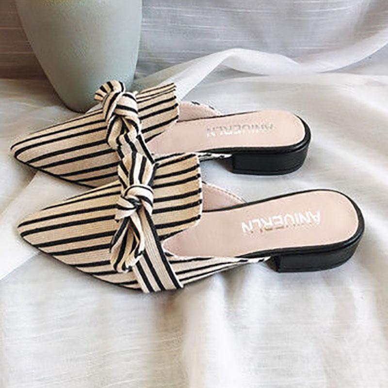 Sandals and Slippers Women's Outer Wear Spring and Summer Square Toe Korean Version of Thick with Bows All-match Lazy Half Slippers