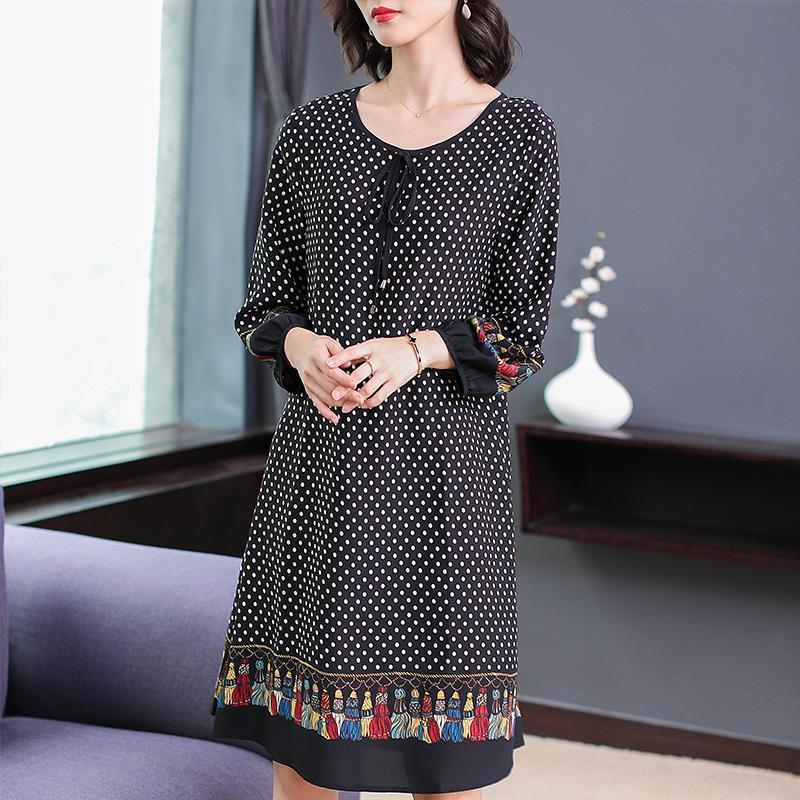 WTEMPO Plus Size Ladies Dress Summer Round Neck Knee-length Chiffon Polka Dot Tassel Printing L-XXL