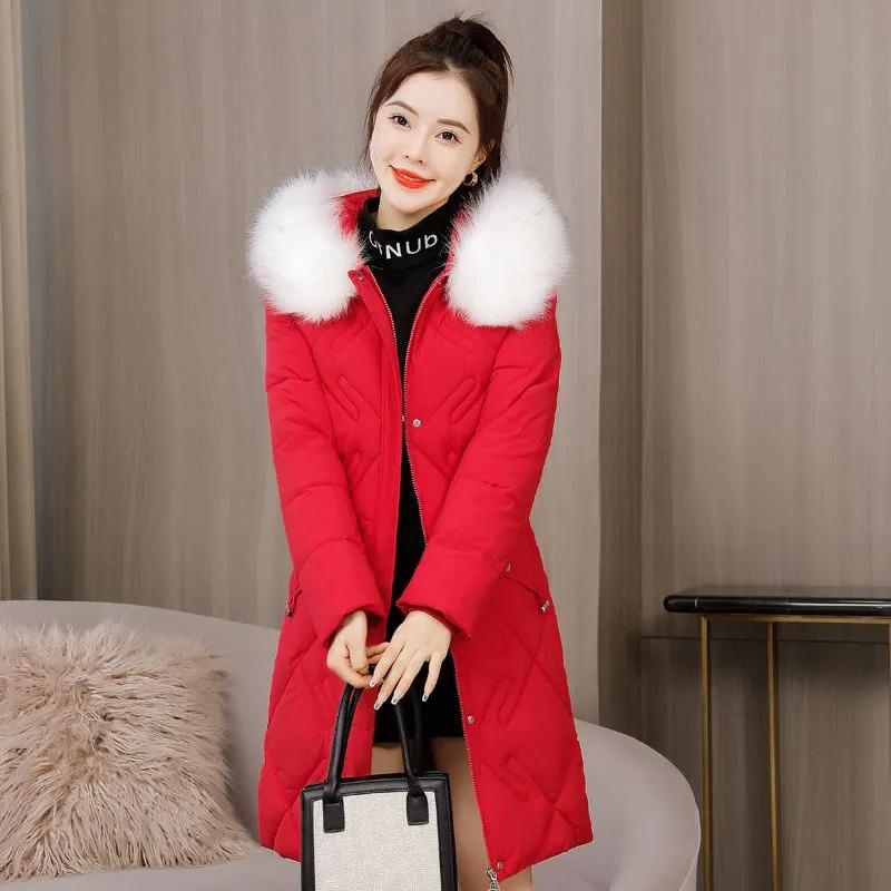Winter Women's Long Jacket Casual Warm Coat Hooded Fur Collar Slim Padded Jackets Outwear Solid Color Zipper White Balck
