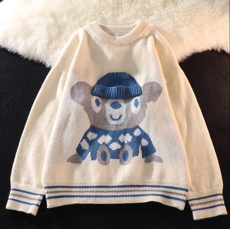 White Sweater Men's Loose Lazy Spring and Autumn Loose Couple Knitted Woolen Coat Retro Japanese Bear Sweater