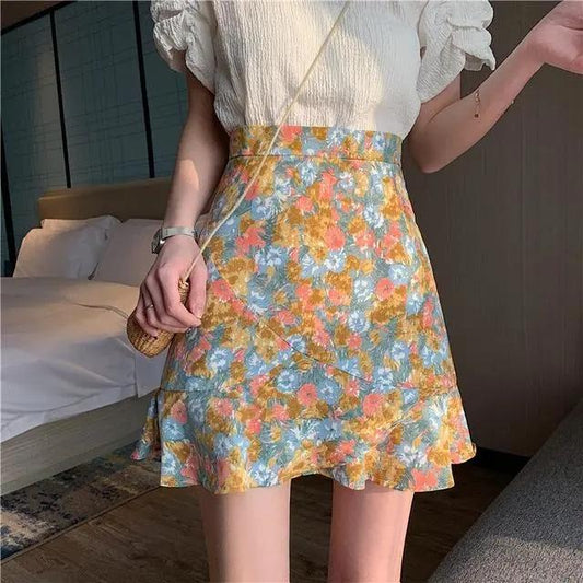 Retro Floral Chiffon Skirt Women's Summer High Waist A-line Fishtail Skirt All-match Short Skirt Irregular Hem Skirt Beach Dress