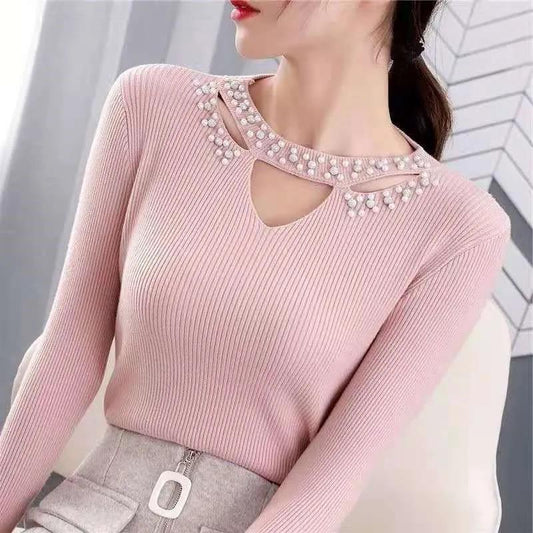 Knitted Beaded Top Women's Sweater Spring Style Slim Fit Bottoming Long Sleeve Sweater