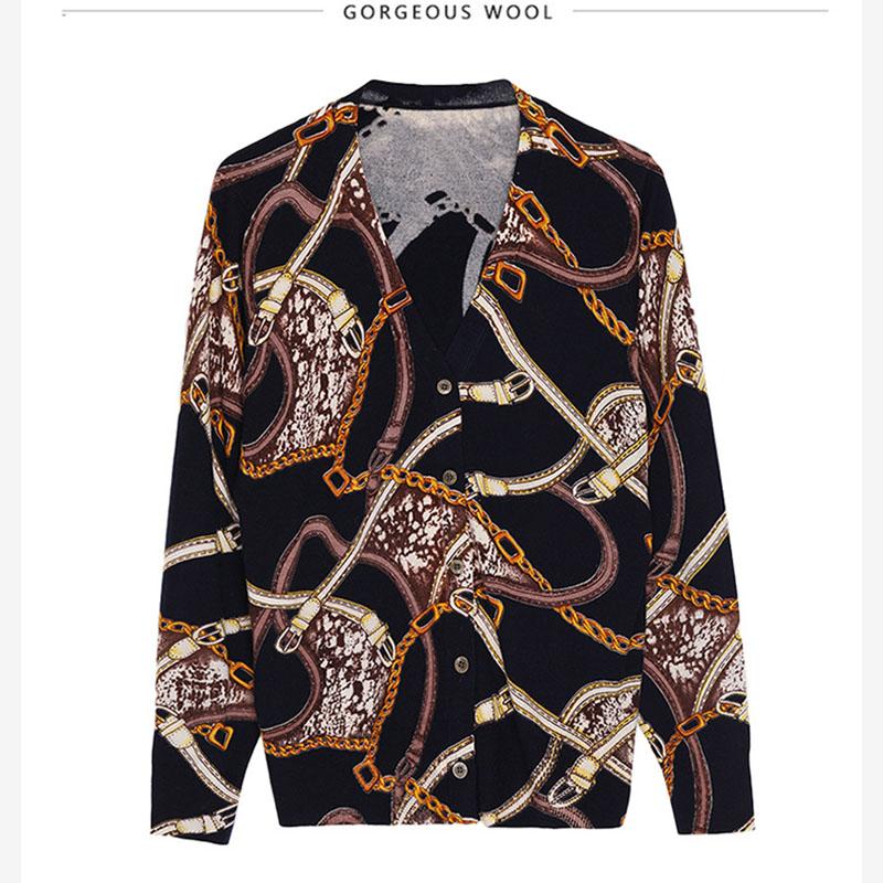 Women Printed  Cardigan Sweater Autumn Winter Long Sleeve V-Neck Casual Knitted Cardigan Elegant Female Tops Knit Jacket Coat