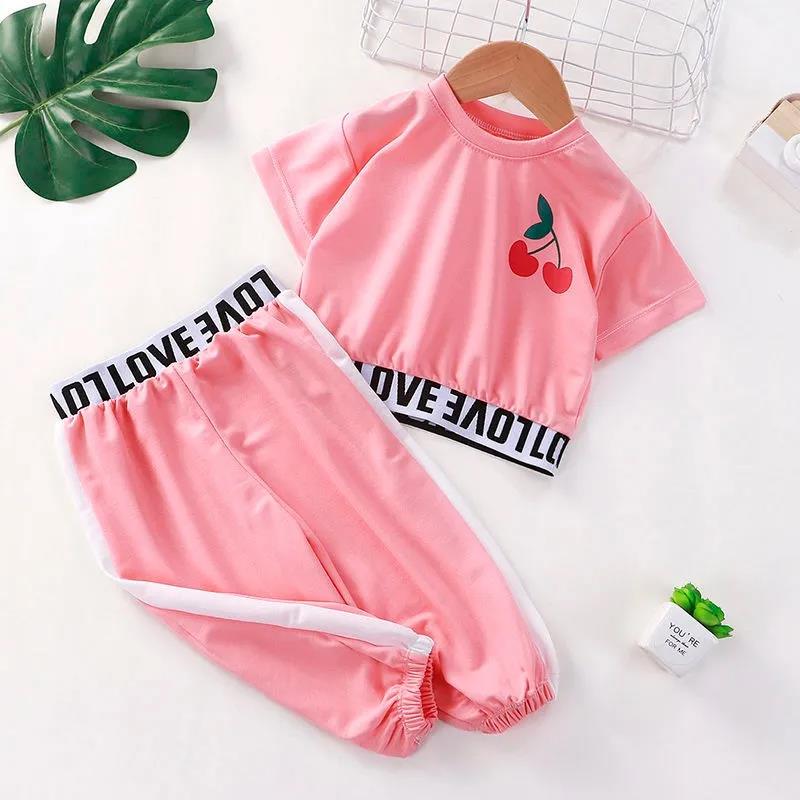 2PCS Children Clothing Set Spring Summer Girls Suits Printing Letter Cherry Short Sleeve Tops + Pants Clothing Set