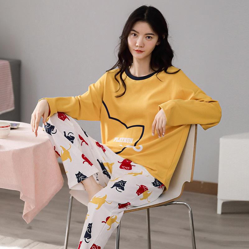 Women's Pajamas Suit Autumn Winter Pyjamas Set Long Sleeve Sleepwear Loose Casual Home Wear Pullover Cute Nightwear Tops and Pants Sets Round Neck