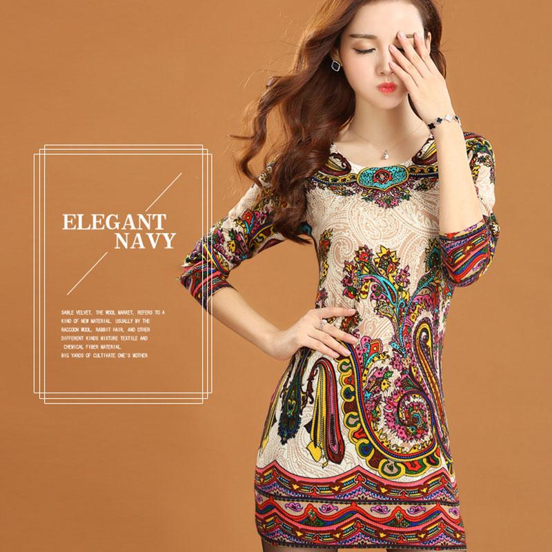 Vintage Printed Cashmere Sweater Women's Mid-length Wool Sweater Bottoming Outer Wear  Plus Size Slim Pullover Sweater Dress