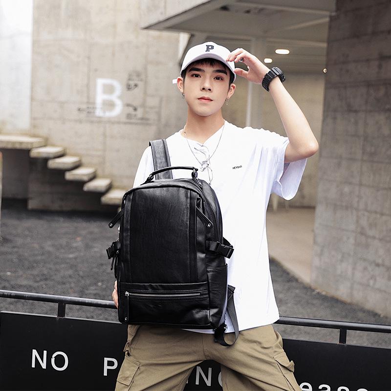 Student Large Capacity Backpack Men PU Leather Waterproof Outdoor Sports Travel Bag Computer Bag