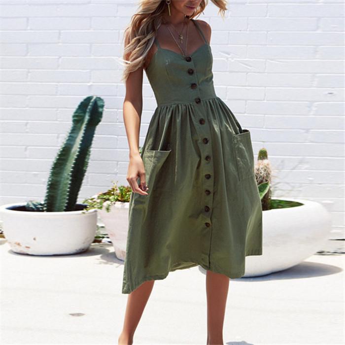 Pofulove Vintage Casual Sundress Female Beach Dress Midi Button Backless Polka Dot Striped Women Dress Summer  Boho Sexy Floral Dress