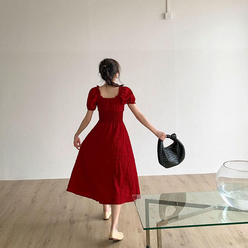 Women's Summer Puff Sleeve Dress Solid Color Chiffon Slim V-neck Long Skirt