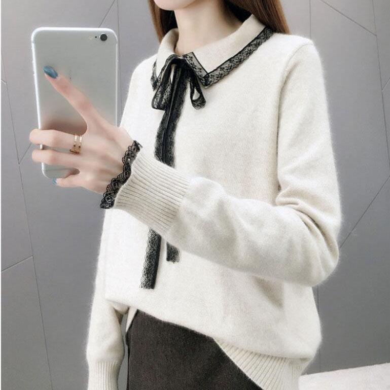 Women Sweaters Pullovers  Autumn Winter Lace Turn-down Collar Knit Sweater Fmeale Jumper Women Knitwear