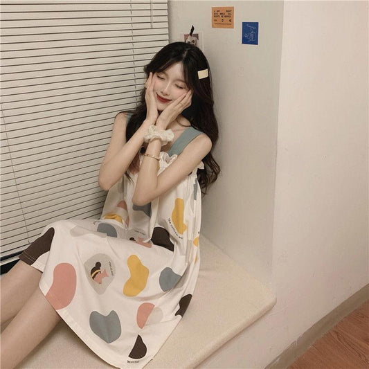 Cute Girls Women's Summer Dress Printing Knee-length Daily Wear Nightdress Pajamas