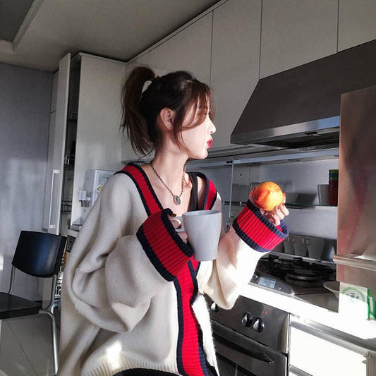 Women's Autumn Lazy Style Sweater Cardigan Loose Long-sleeved V-neck Sweater Stitching Color Sweater Coat Loose and Comfortable