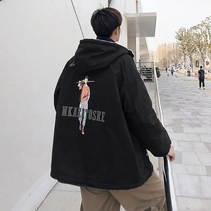 Winter Padded Jacket Men's Casual Trend Loose Hooded Lamb Velvet Padded Jacket Jacket Thickened Warmth and Velvet Padded Jacket