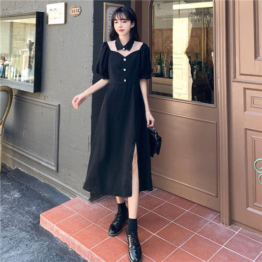 Summer Hepburn Style Design Niche Mid-length Split Dress Female A-line Dress Waist Thin Black Dress Sexy Cute Cool Girl