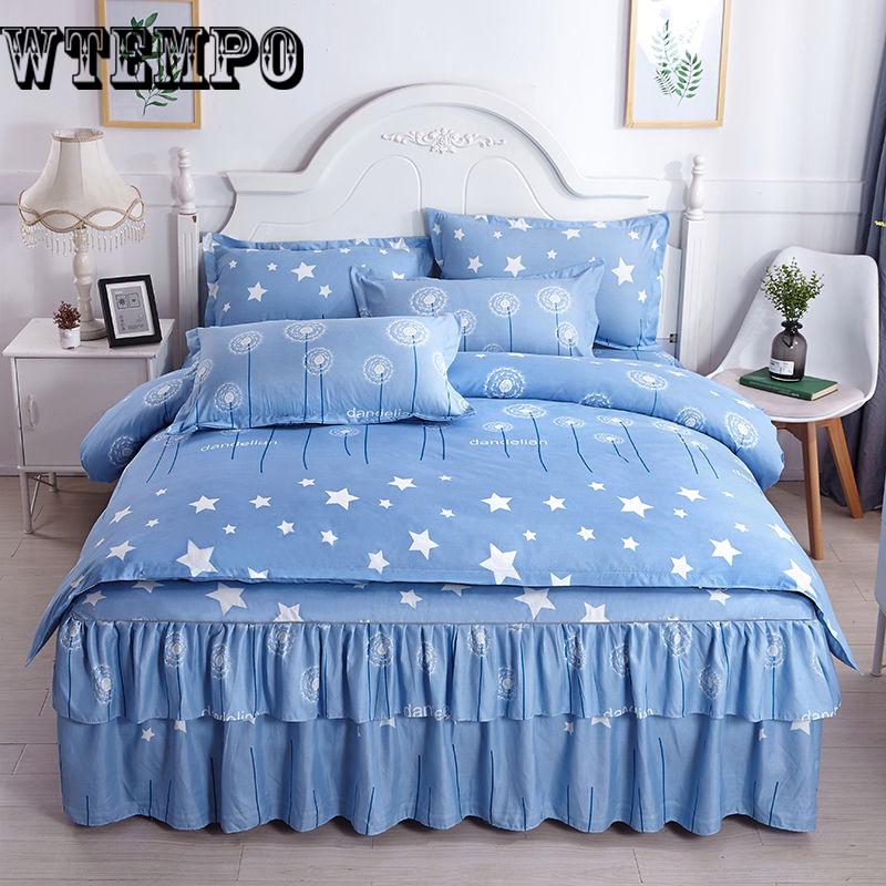 Lace Decoration Non-slip Bed Skirt Queen Size Bedding Set Bedsheet Bedcover Pillowcase Home