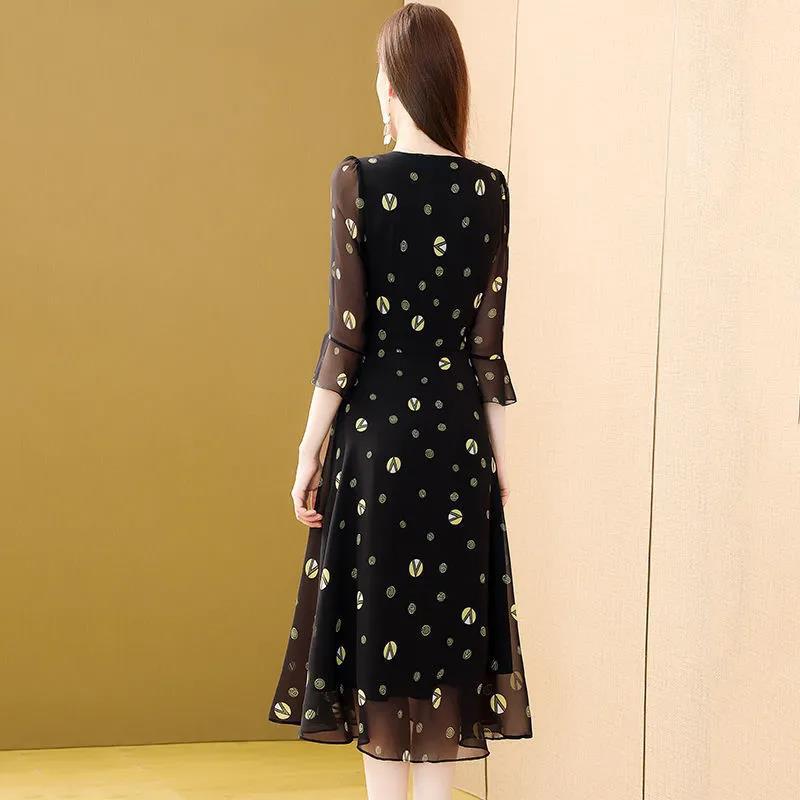 M-XXXXL Chiffon Floral Dress Summer V-neck 3/4 Sleeves Mid-calf Daily Wear Office Dating Party Lightweight and Breathable A-line Dress