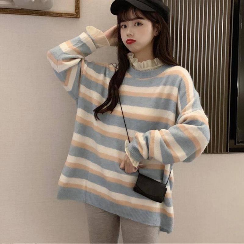 Pofulove women Mori Sweet and Cute Stripe Korean Simple Loose Women's long sleeve sweater