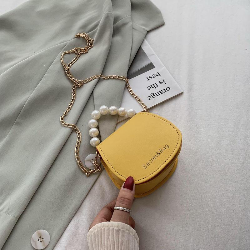 Women Mini Shoulder Messenger Bags Casual Female Crossbody Bags Portable PU Leather Big Pearl Metal Chain