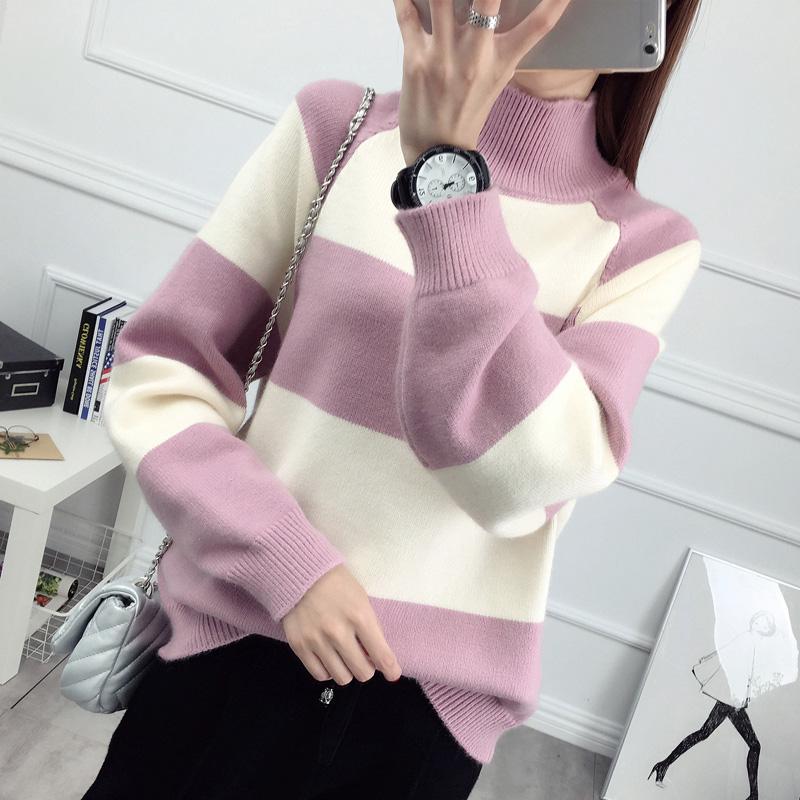 Half Turtleneck Pullover Black and White Striped Sweater Autumn and Winter Loose Short Bottoming Shirt Student Thickening Ladies Blouse