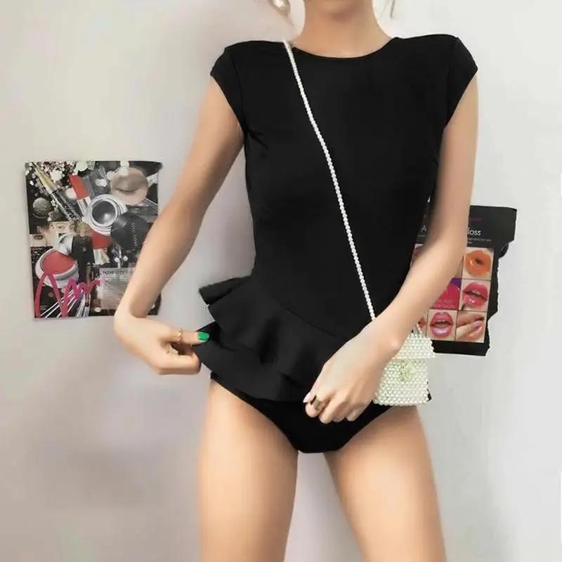 Korean Sexy Backless Triangle One-piece Swimsuit Women Cover Belly Slim Conservative Beach Swimsuit Sleeveless Irregular Hem Bikini Swimwear