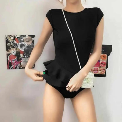 Korean Sexy Backless Triangle One-piece Swimsuit Women Cover Belly Slim Conservative Beach Swimsuit Sleeveless Irregular Hem Bikini Swimwear