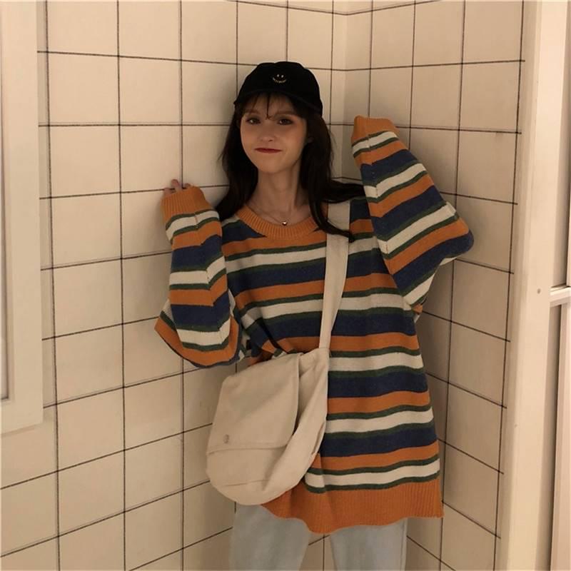 Pofulove Long Contrast Color Striped Sweet Pullover Sweater Sweater Women Sweater Autumn and Winter