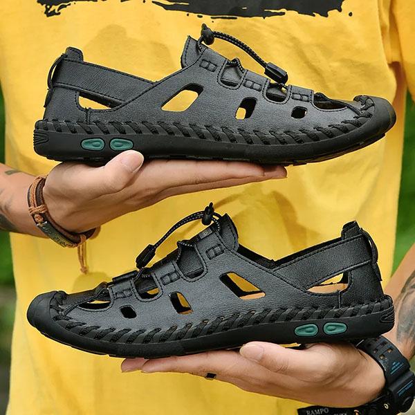 Men's Genuine Cowhide Leather Toe Sandals Outdoor Casual Sandals Beach Shoes Hole Sandals Roman Shoes Waterproof Sport Sandals