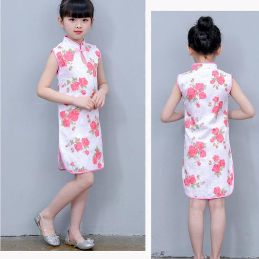 Children Dress Children's Tang Suit Girls Summer Thin Dress Cheongsam Printed Floral Cheongsam Chinese Style Sleeveless Dress
