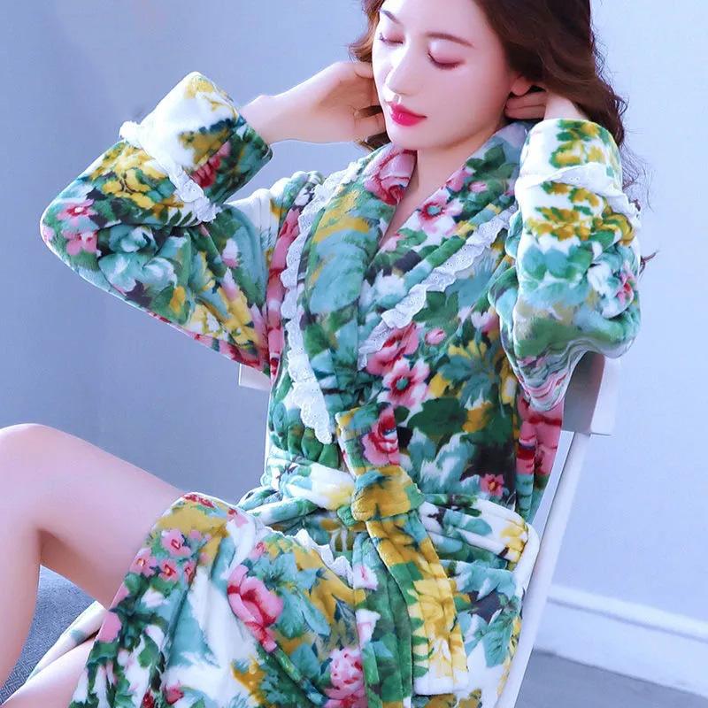 Women's Autumn Winter Thickened Coral Fleece Nightgown Robe Long Sleeves Flannel Bathrobe Plus Fleece Nightgown Large Size Bathrobe Sleeping Suit