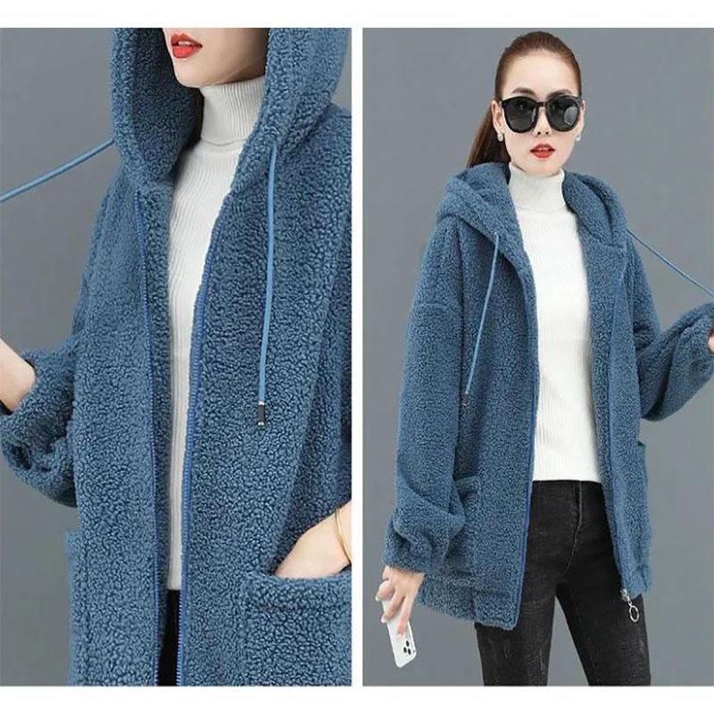 Autumn and Winter Ladies Lamb Velvet Jacket Thick and Loose Large Size Hooded Long-sleeved Zipper Jacket