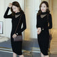 Autumn and Winter Slim-fit Coat Mesh Stitching Beaded V-neck Sweater Mid-length Bag Hip Knitted Dress