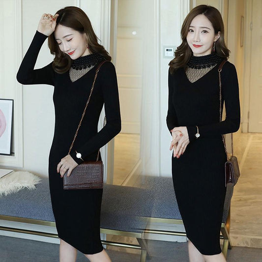 Autumn and Winter Slim-fit Coat Mesh Stitching Beaded V-neck Sweater Mid-length Bag Hip Knitted Dress