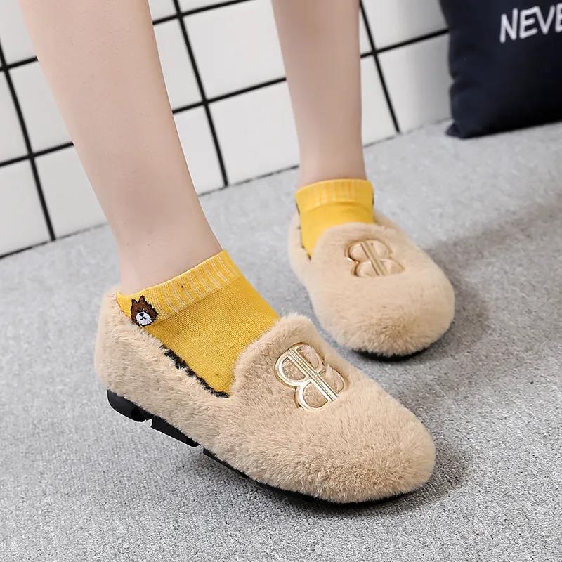 Hairy Shoes Women's Autumn All-match Round-toe Flat-bottomed Comfortable Lazy Casual Pedal Peas Shoes Moccasin Shoes