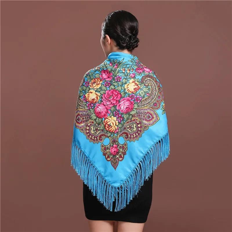 Women's Ethnic Style Square Scarf Printed Shawl Fringed Cotton Scarf Autumn Winter Warm Embroidered Shawl Multifunctional Turban Shawl Scarf 135x135cm