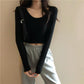 Spring Fall Summer Fashion Women Clothes Cotton Round Collar Long Sleeves Elastic High Waist Sexy Pullover
