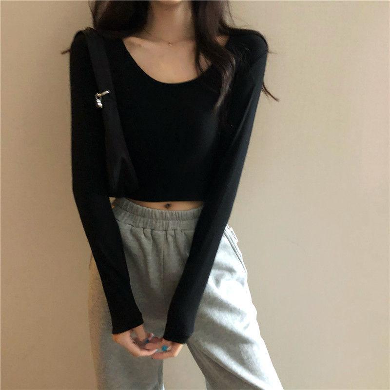 Spring Fall Summer Fashion Women Clothes Cotton Round Collar Long Sleeves Elastic High Waist Sexy Pullover