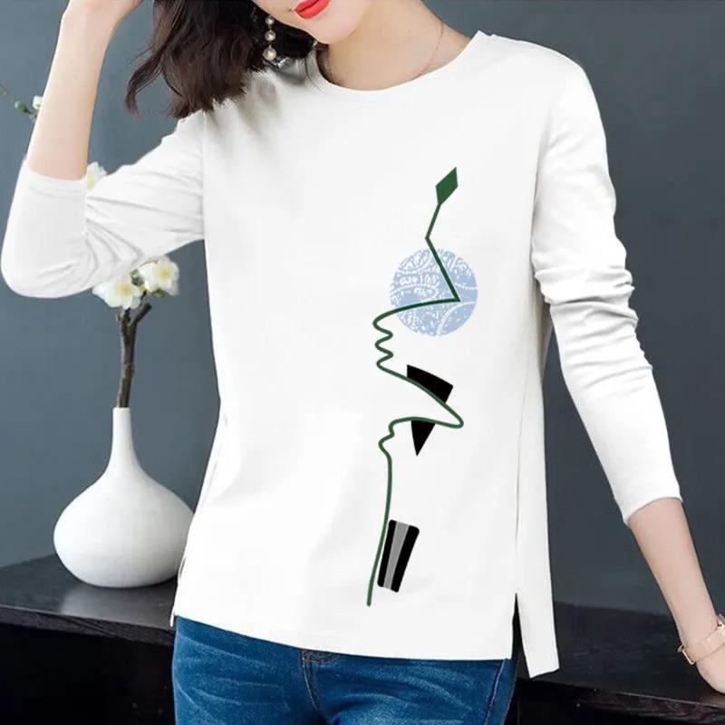 Spring Women T-shirts Simple Face Print Pullovers Long Sleeves Bottoming Shirts Casual Slit Top