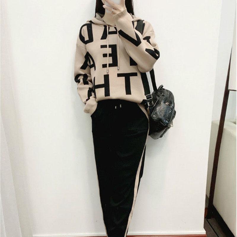 2pcs/set Women's Sports Set  Letter Printing Hooded Knitted  Sweater + Knitted  Elastic Waist Harem Pants Sets  Ladies Outfits Sweat Suit