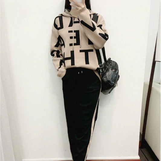 2pcs/set Women's Sports Set  Letter Printing Hooded Knitted  Sweater + Knitted  Elastic Waist Harem Pants Sets  Ladies Outfits Sweat Suit