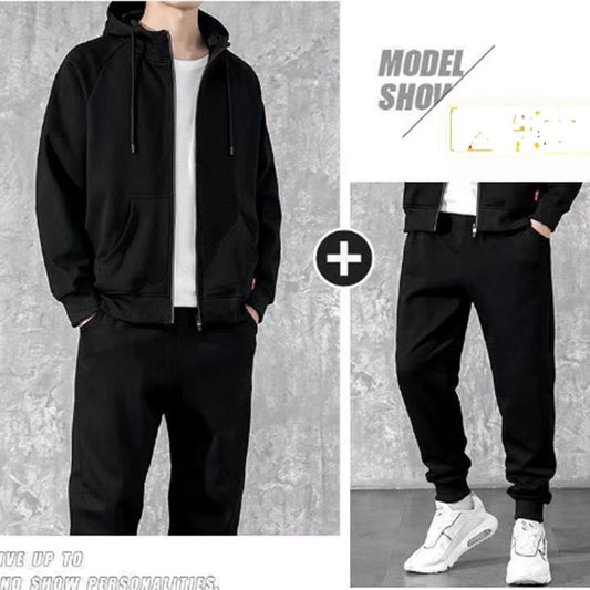 Autumn Simple Sportswear Suit Cardigan Hooded Sweater Suit Casual Loose Solid Color Versatile Trend Youth Jacket