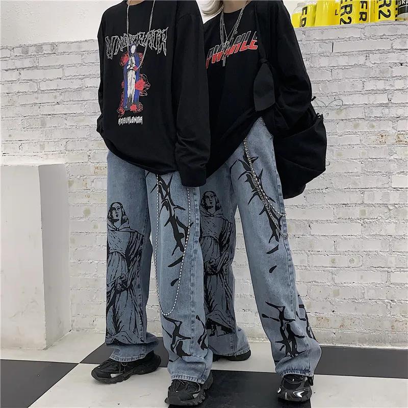 Jeans Men and Women Harajuku Style Street Hip-hop Trousers Printed Retro Washed Loose Wide-leg Daddy Pants Trend