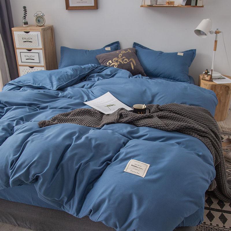 Japanese Simple Washed Cotton Four-piece Solid Color Azure Blue Bed Sheet Double Duvet Cover Student Dormitory