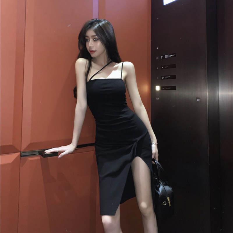 Spring Summer Sling Dress Female High Split Black Strapless Slim Slimming Sling Dress Sexy Party Dress