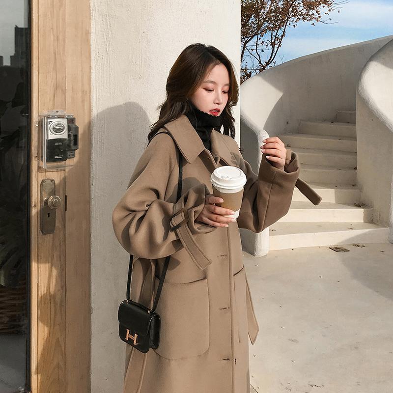 Hepburn Style Woolen Coat Women's Mid-length Winter Korean Style Loose Over-the-knee Japanese Woolen Coat