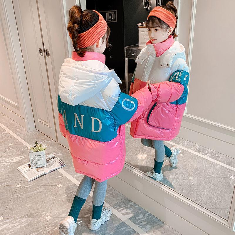 Girls' Warm Cotton Coat Thicken Plus Fleece Windproof Cotton Clothing Mid-length Contrast Stitching Quilted Jacket