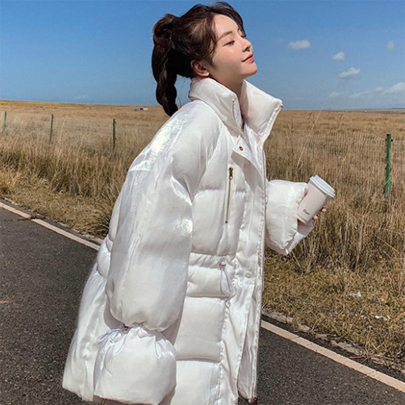 Women's Winter Korean Loose Quilted Coat Warm Stand-collar Down Jacket Women's Glossy Mid-length Down Jacket